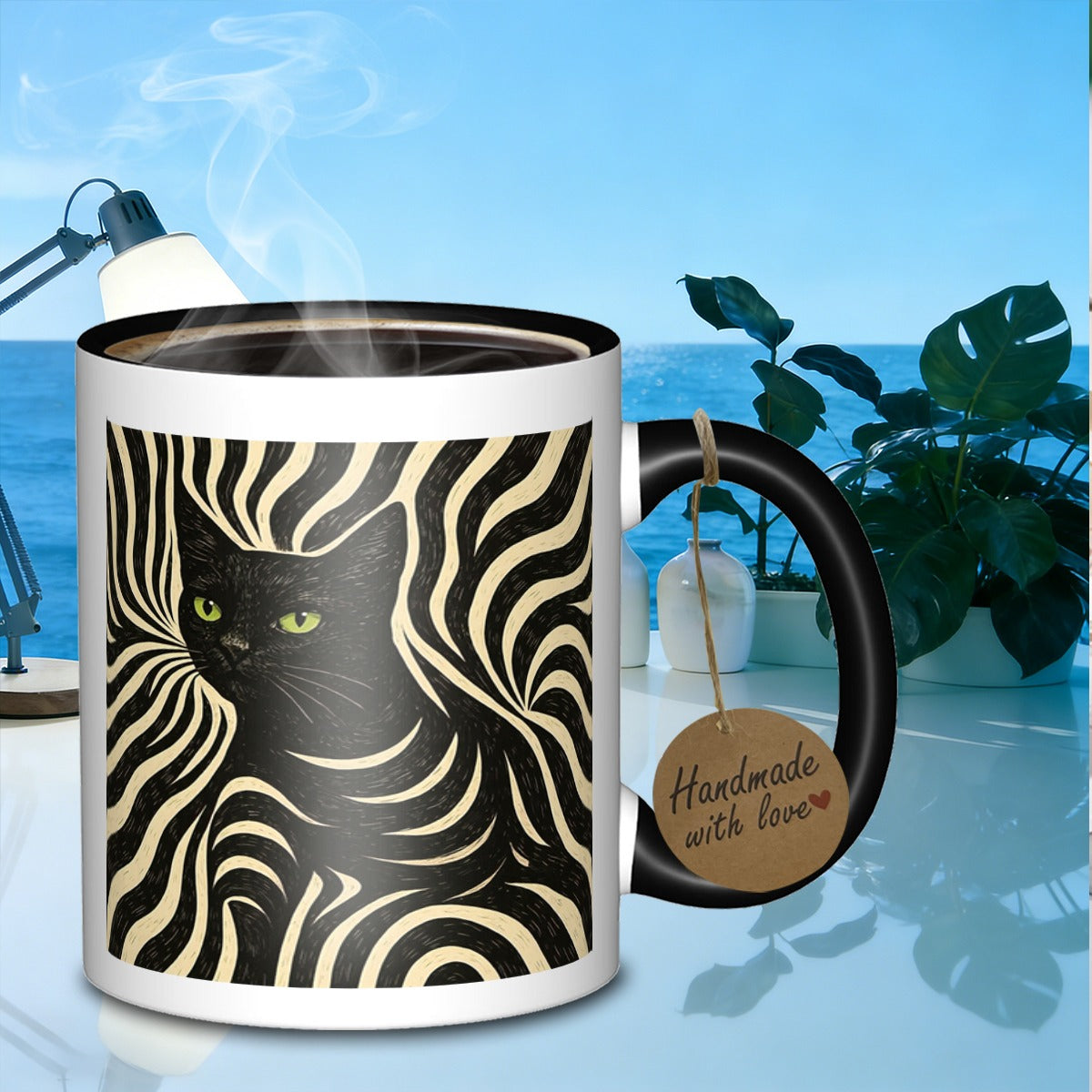 Tailorly Black Accent 11 oz Mug - black cat optical illusion