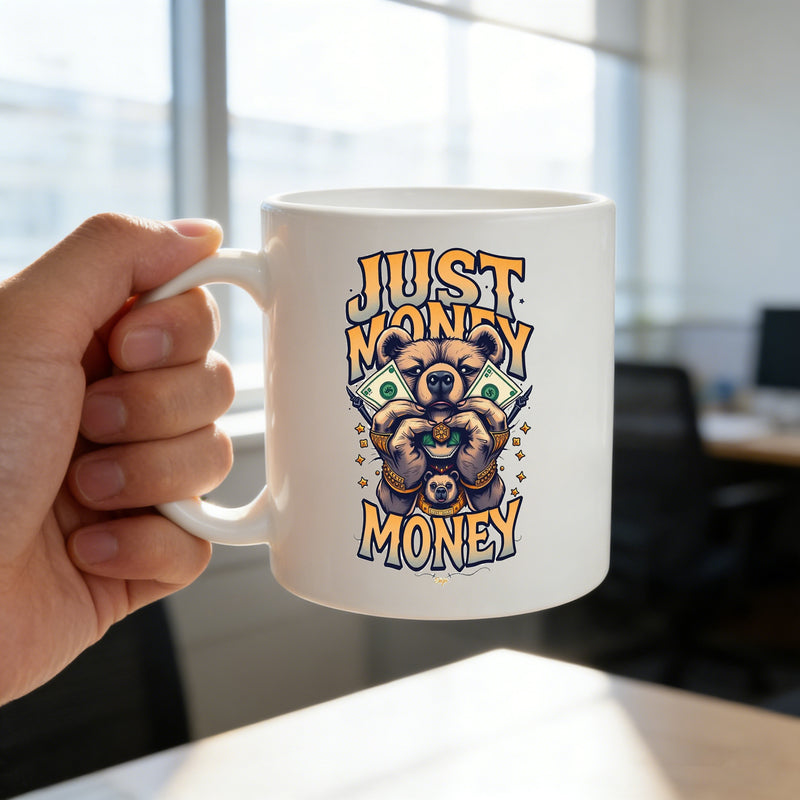 Tailorly White Ceramic 11 oz Mug - bear holding banknotes