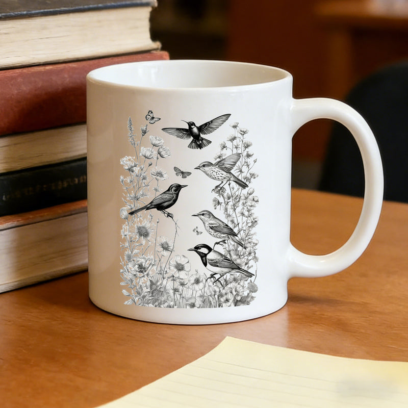 Tailorly White Ceramic 11 oz Mug - retro pencil drawing bird and wildflowers artwork
