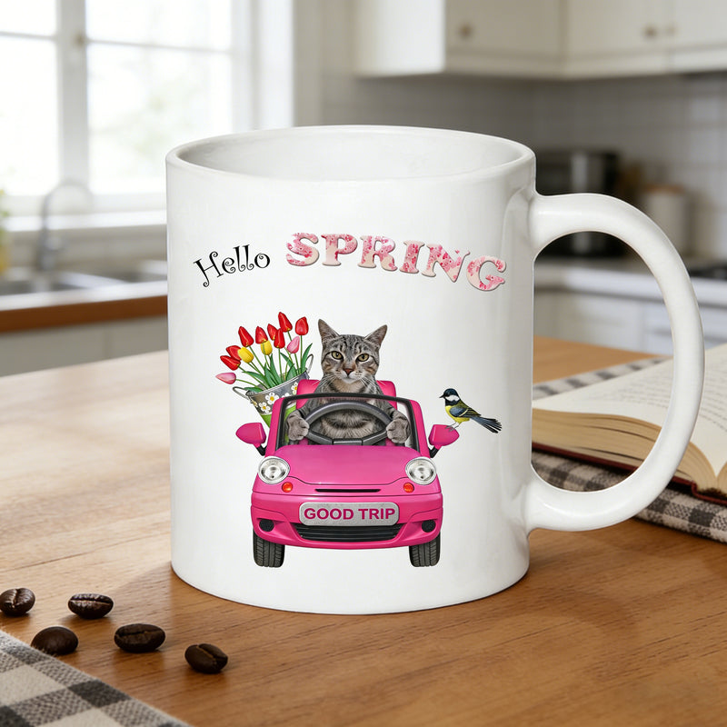 Tailorly White Ceramic 11 oz Mug - cat driving pink car with tulips print