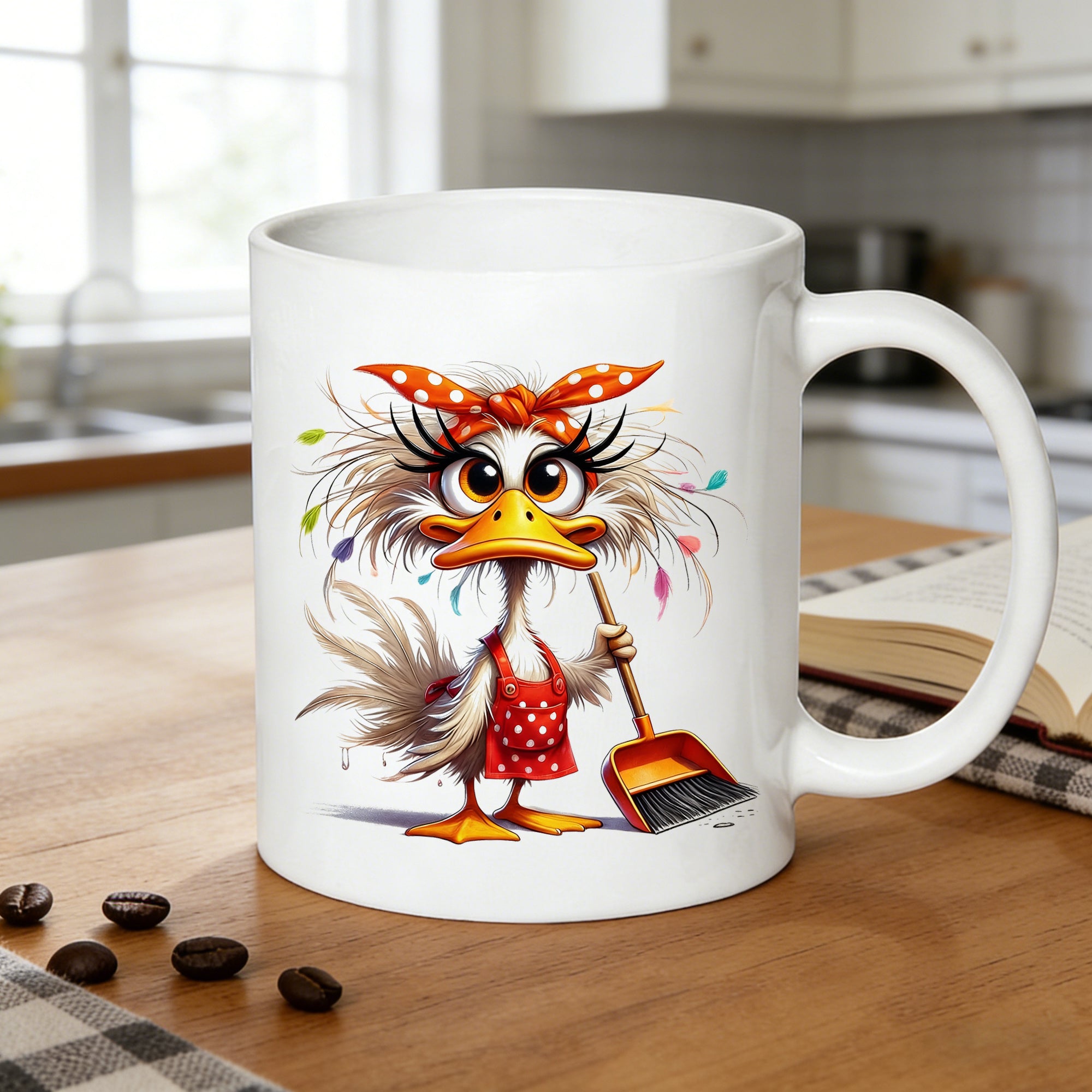 Tailorly White Ceramic 11 oz Mug - messy duck with broom