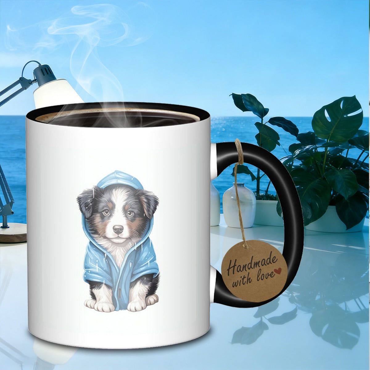 Tailorly Black Accent 11 oz Mug - puppy in raincoat