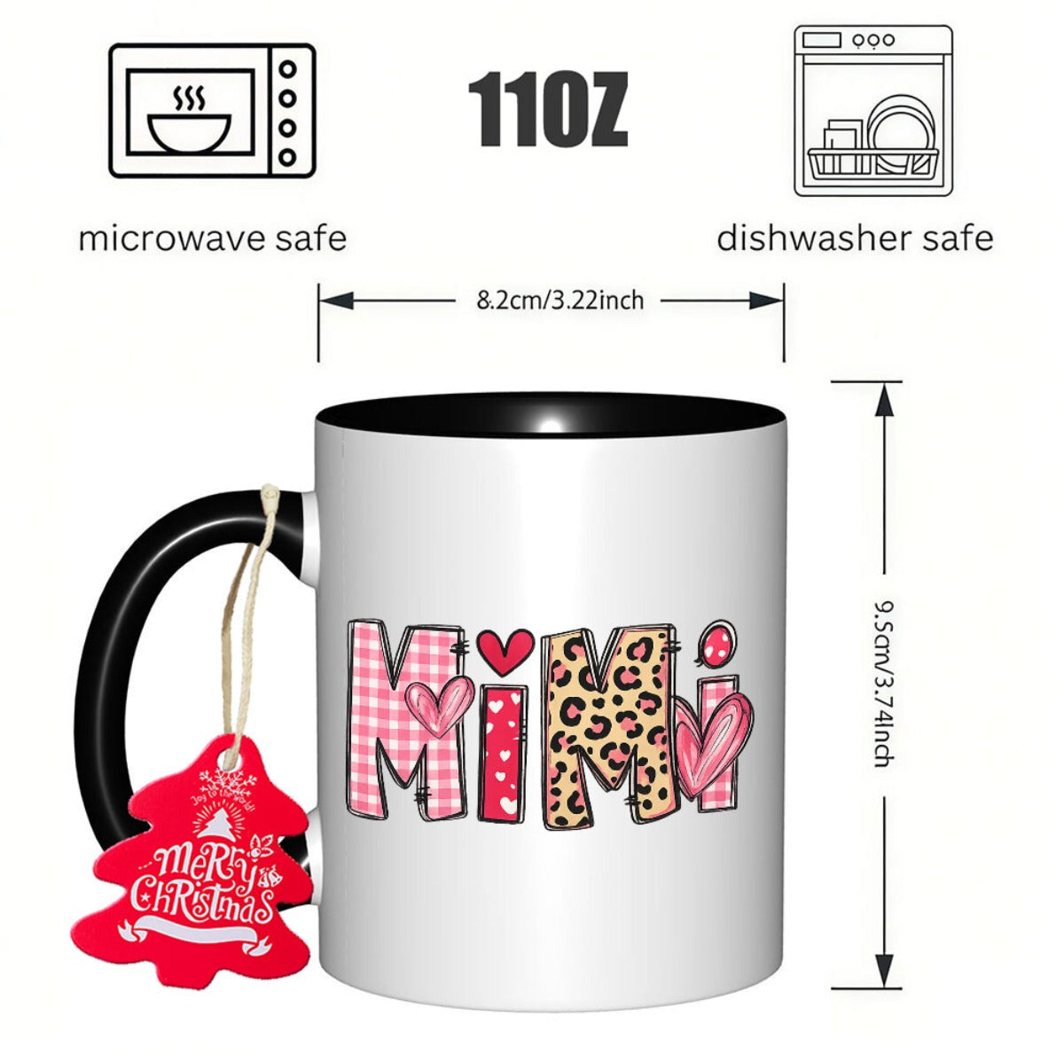 Tailorly Black Accent 11 oz Mug - leopard print and heart motif