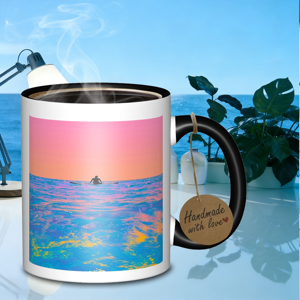 Tailorly Black Accent 11 oz Mug - ocean paddleboarder silhouette