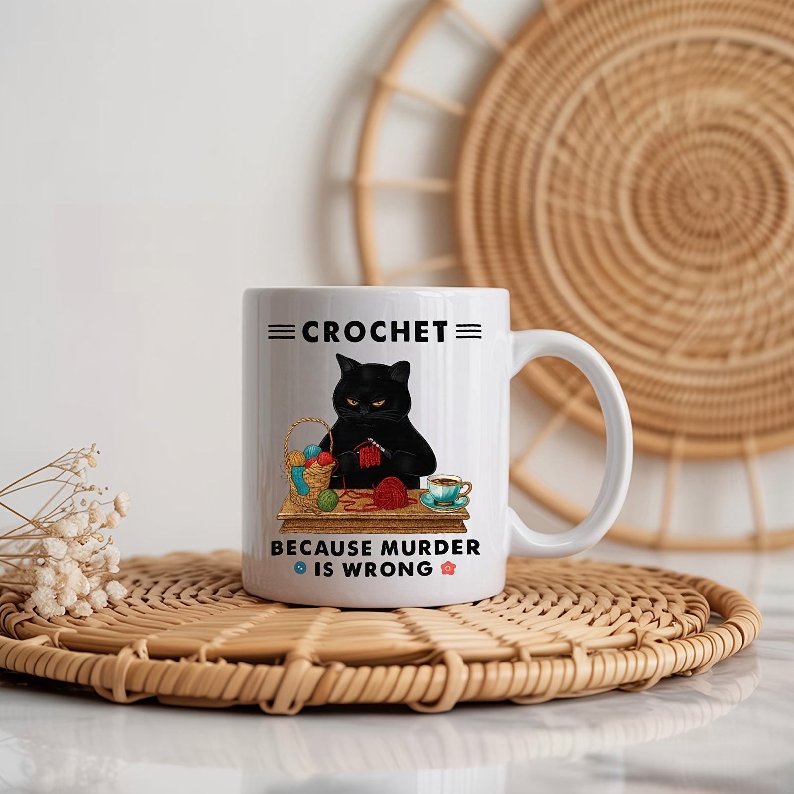 Tailorly White Ceramic 11 oz Mug - one ceramic cup suitable for daily use christmas and birthday presents featuring a quirky crochet that adds a