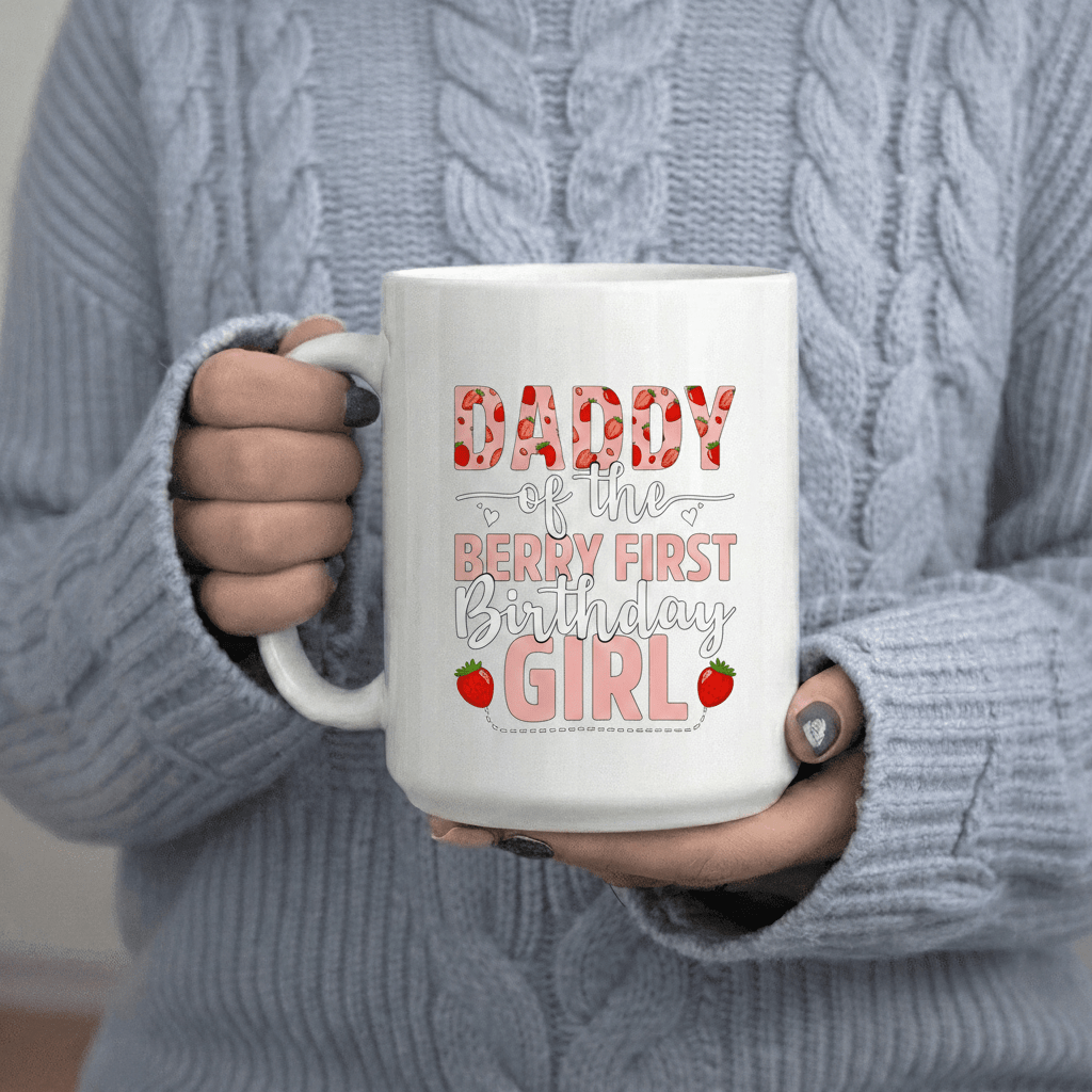 Tailorly White Ceramic 11 oz Mug - Daddy of The Berry First Birthday Strawberry Celebration