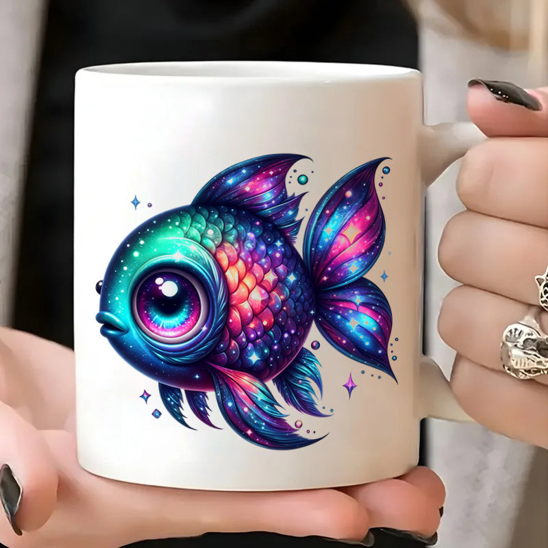 Tailorly White Ceramic 11 oz Mug - celestial sparkle iridescent rainbow purple star scales