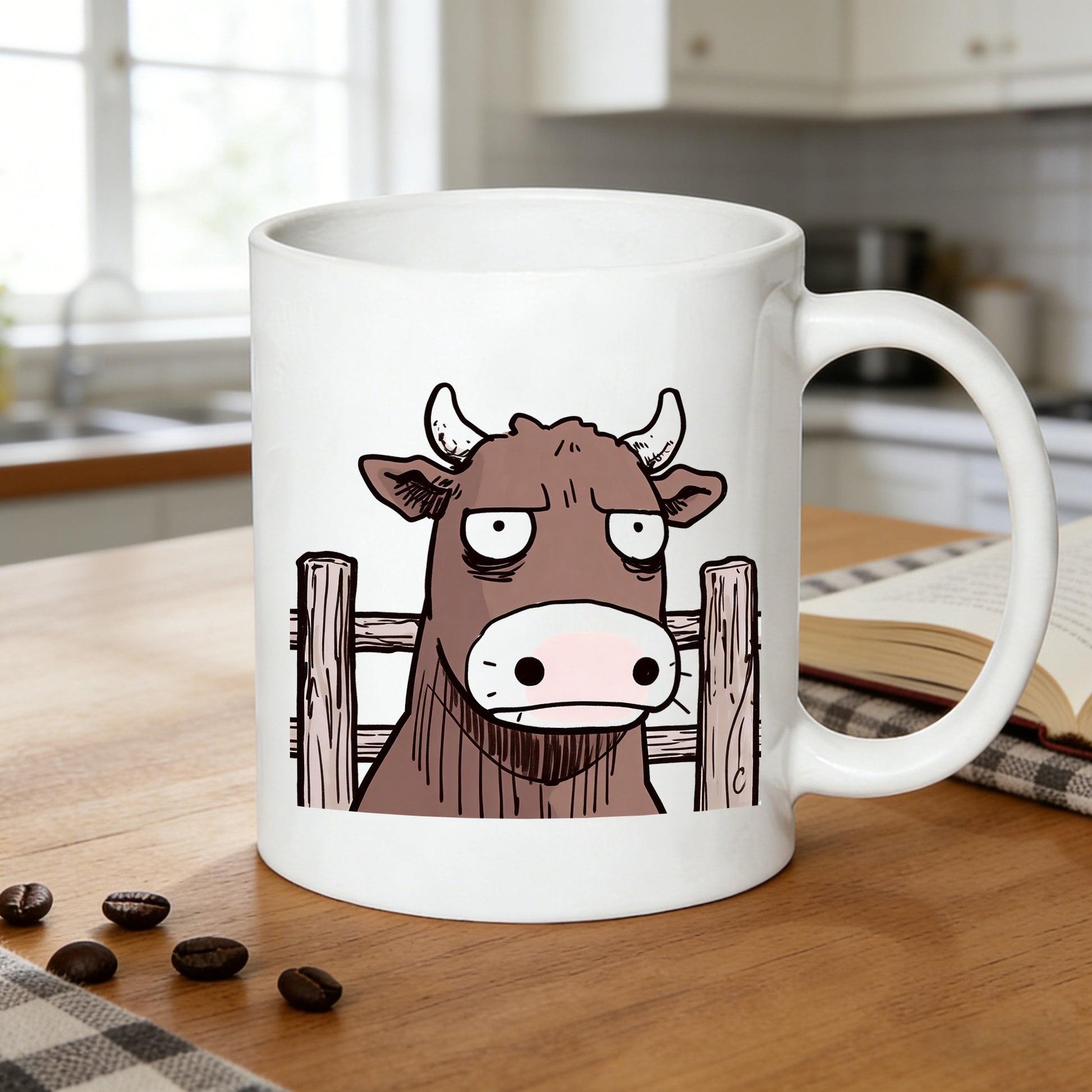 Tailorly White Ceramic 11 oz Mug - brown cow illustration