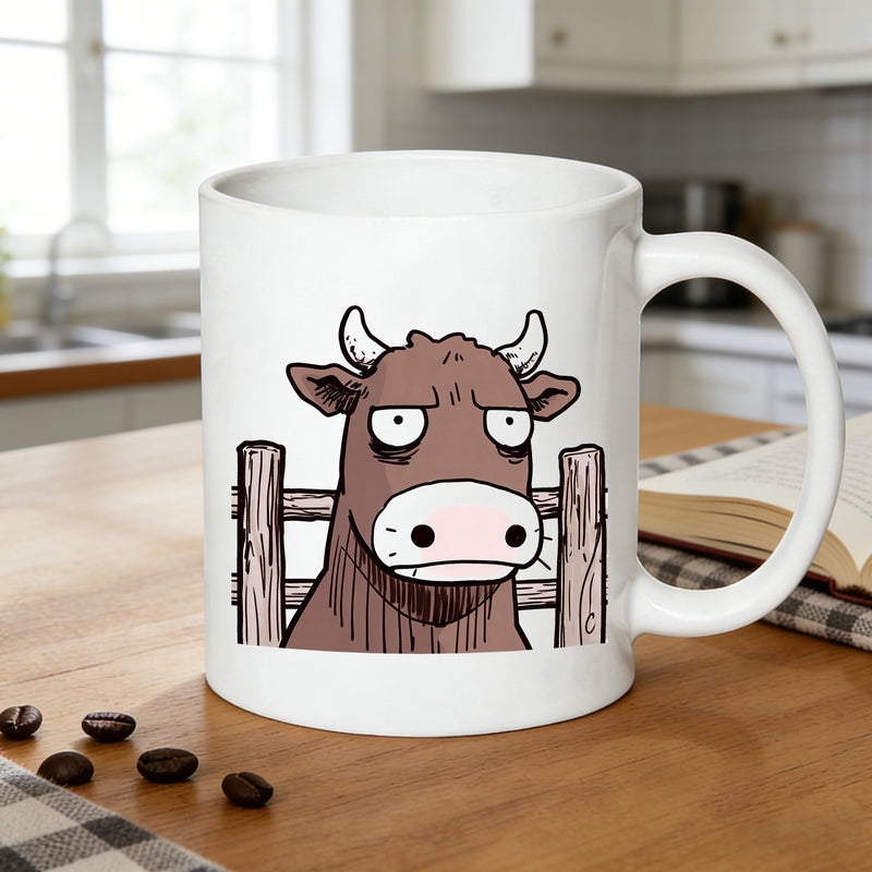 Tailorly White Ceramic 11 oz Mug - brown cow illustration