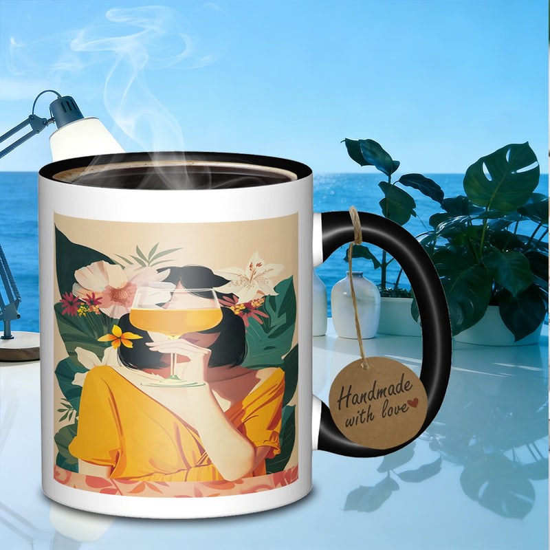 Tailorly Black Accent 11 oz Mug - floral beverage woman portrait