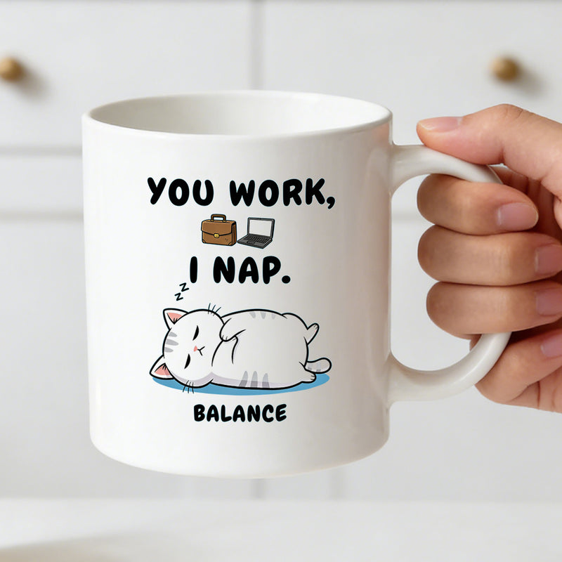 Tailorly White Ceramic 11 oz Mug - balance cat