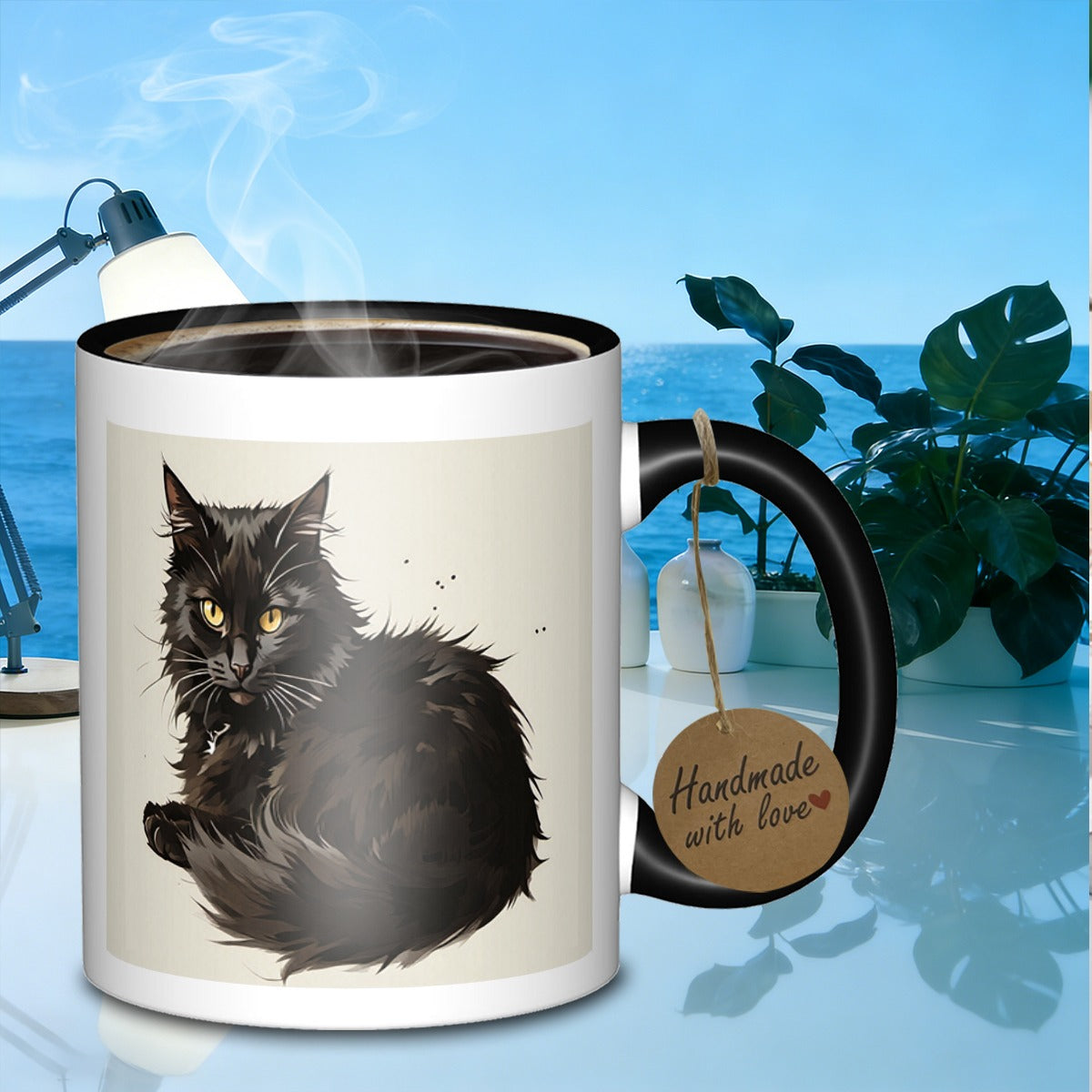 Tailorly Black Accent 11 oz Mug - feline friend marble pattern