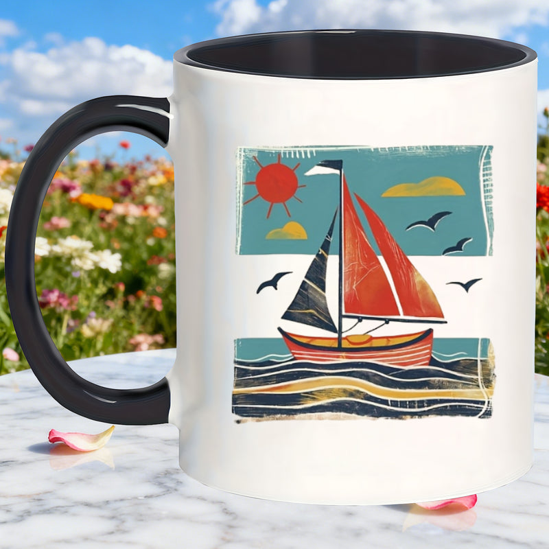 Tailorly Black Accent 11 oz Mug - sailboat and waves