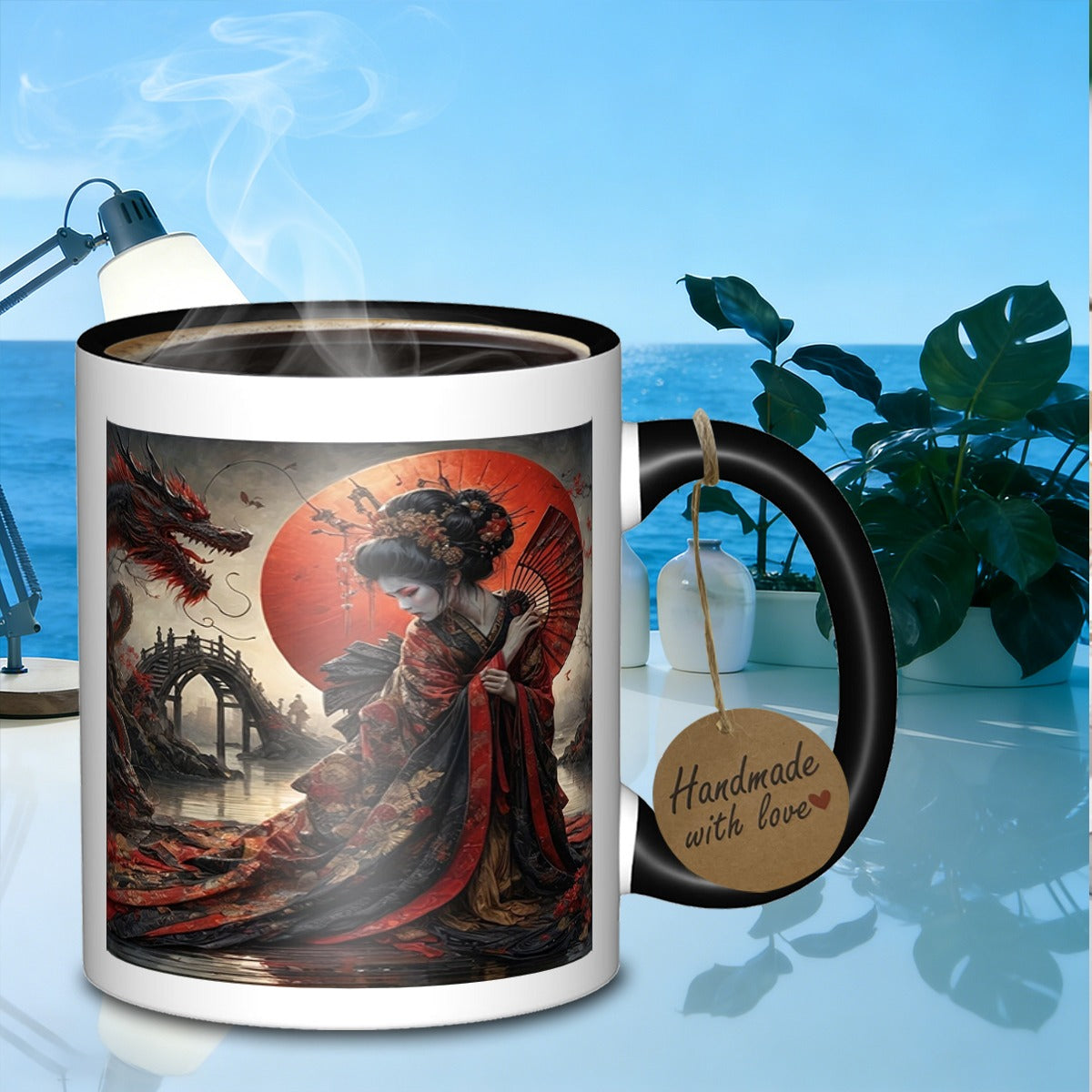 Tailorly Black Accent 11 oz Mug - copper insulated landscape designers geisha and dragon
