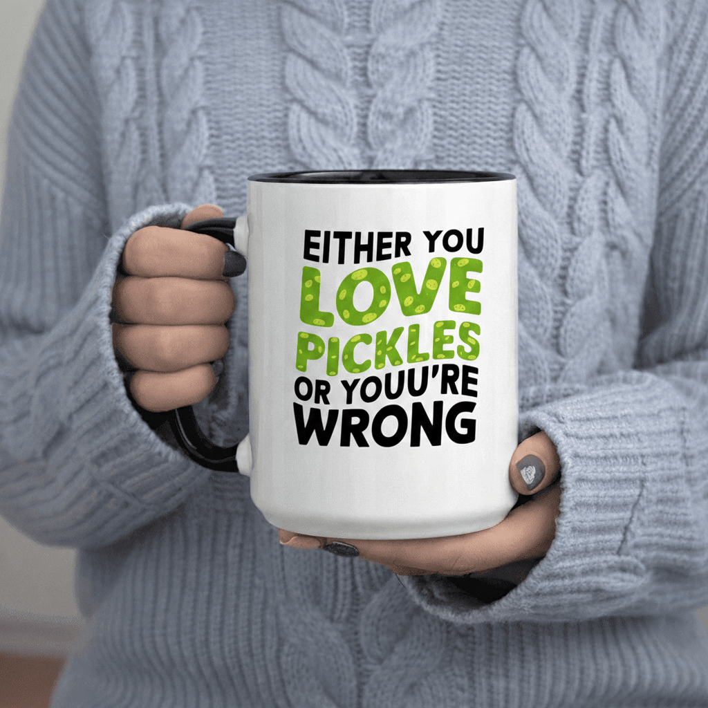 Tailorly Black Accent 11 oz Mug - Either You Love Pickles Or You're Funny text
