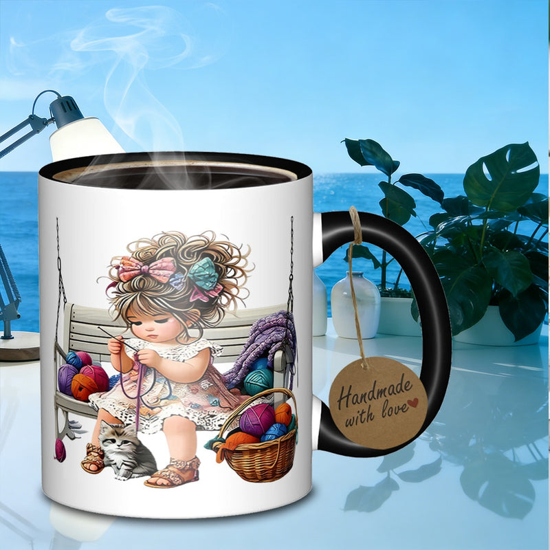 Tailorly Black Accent 11 oz Mug - knitting little one and kitten friend
