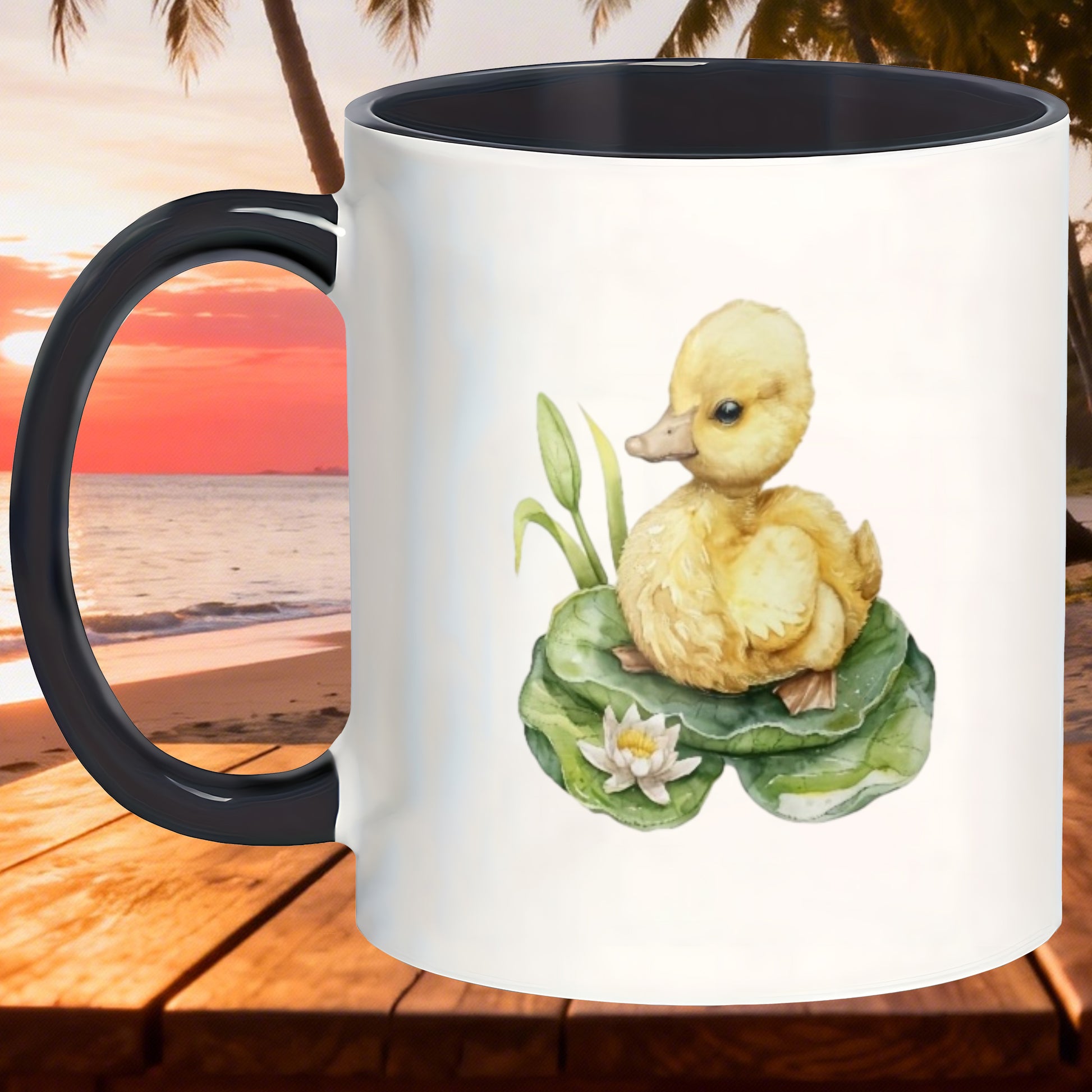 Tailorly Black Accent 11 oz Mug - lily pad and duck pattern