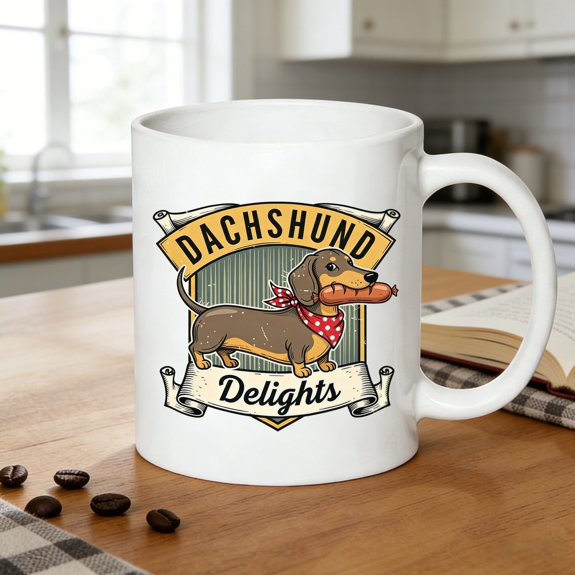 Tailorly White Ceramic 11 oz Mug - dachshund with sausage print