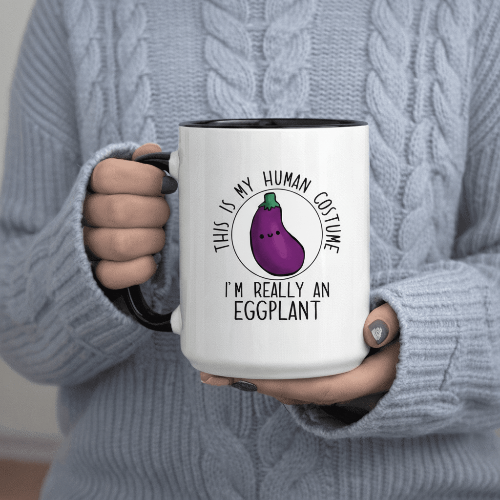 Tailorly Black Accent 11 oz Mug - Human Costume I'm Really an Eggplant text