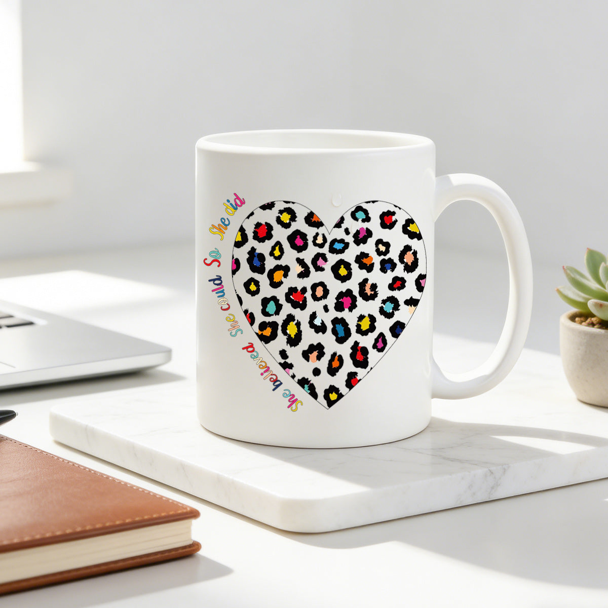 Tailorly White Ceramic 11 oz Mug - she believed she could so she did text， colorful leopard print， heart graphic