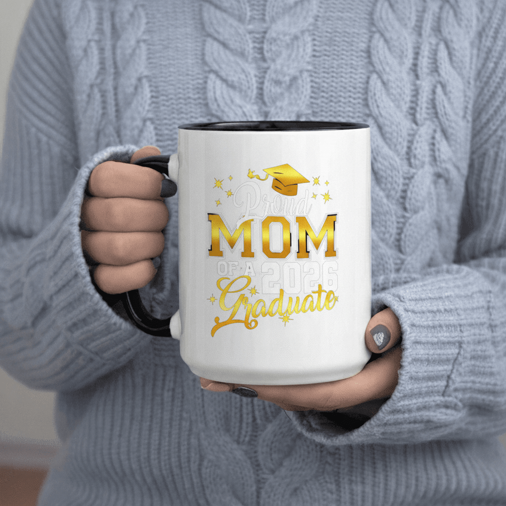 Tailorly Black Accent 11 oz Mug - Mom of a 2026 Graduate with Graduation Cap and Stars
