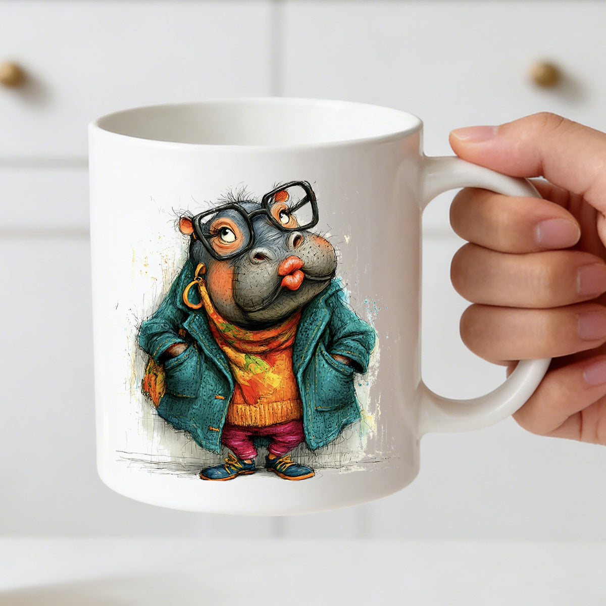 Tailorly White Ceramic 11 oz Mug - hipster hippo illustration