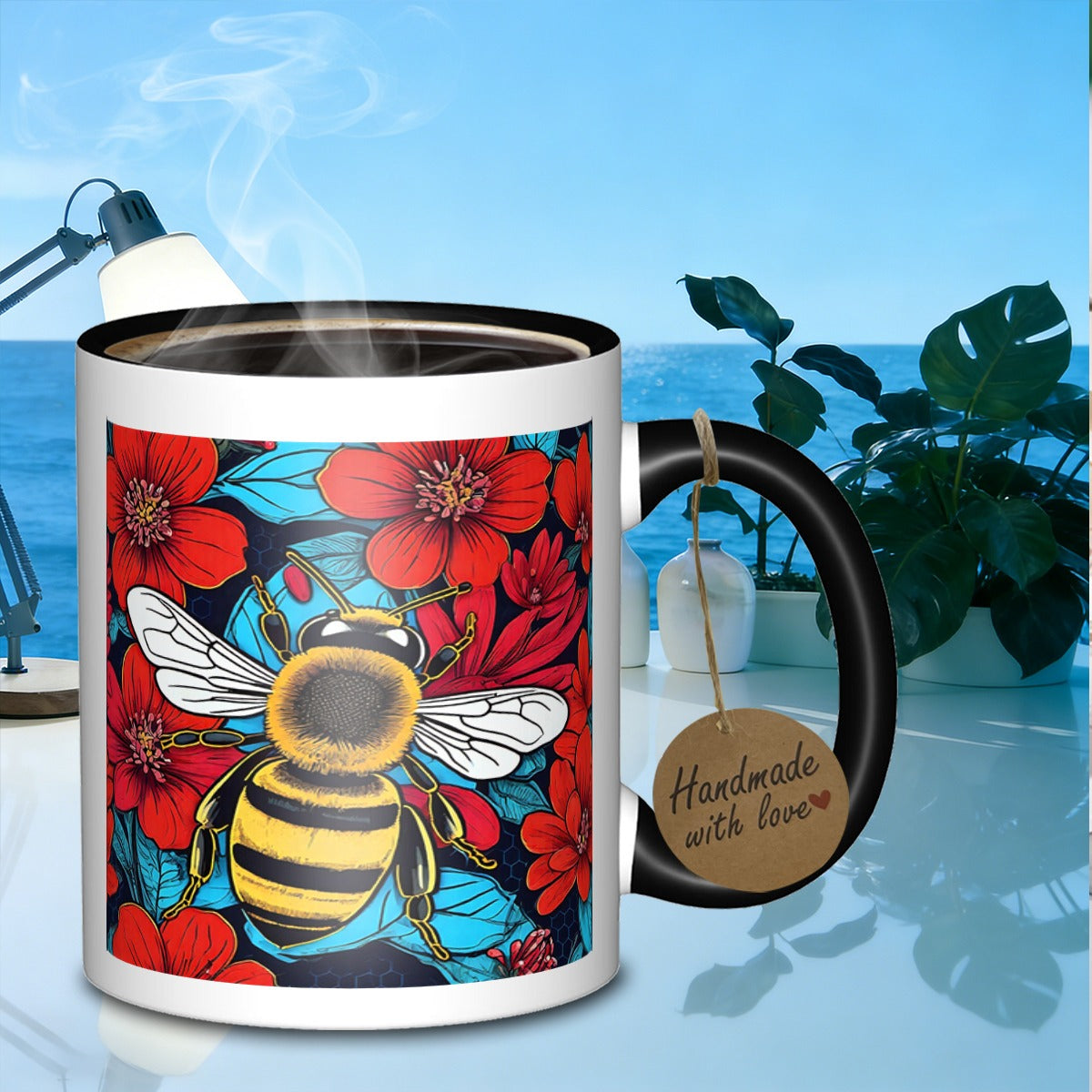 Tailorly Black Accent 11 oz Mug - honeybee floral pattern