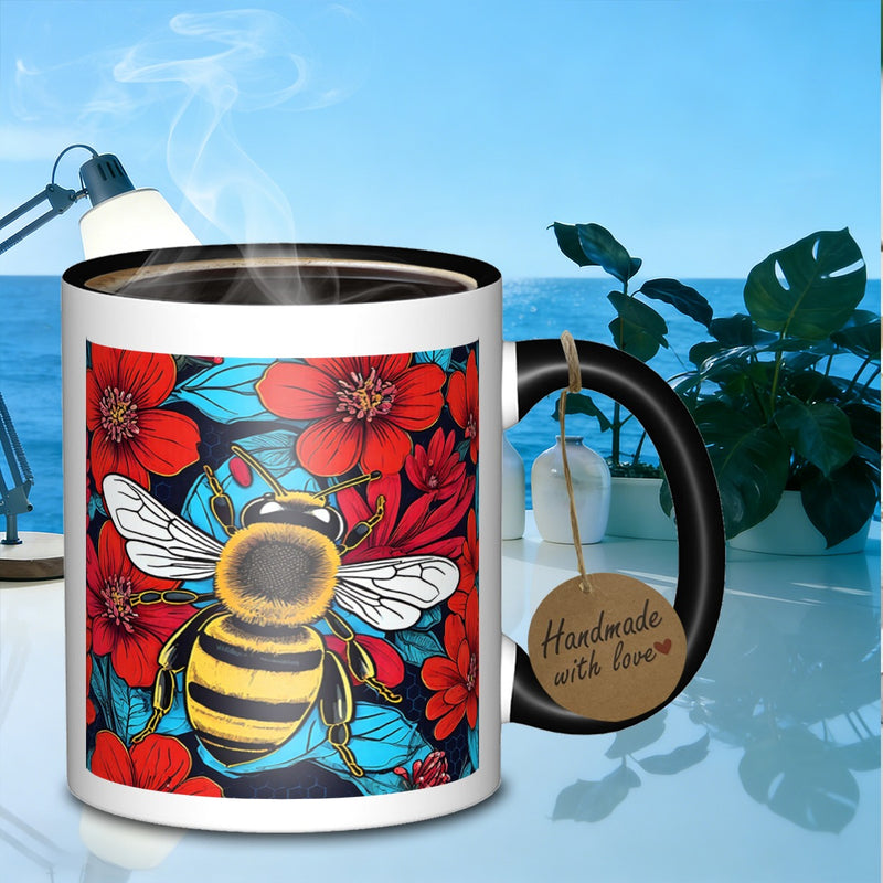 Tailorly Black Accent 11 oz Mug - honeybee floral pattern