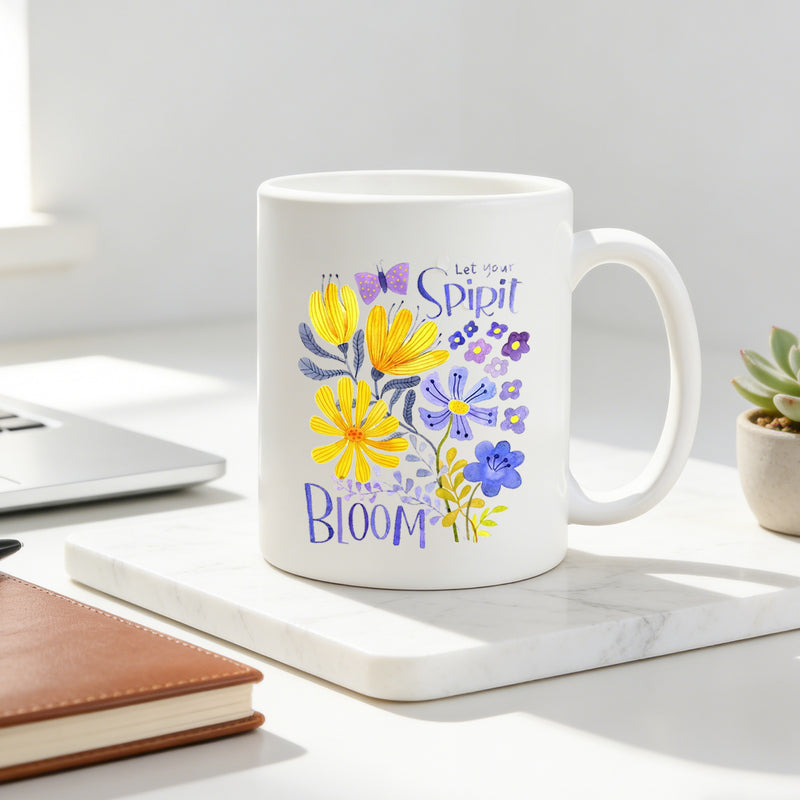 Tailorly White Ceramic 11 oz Mug - let your spirit bloom watercolor floral delicate flower