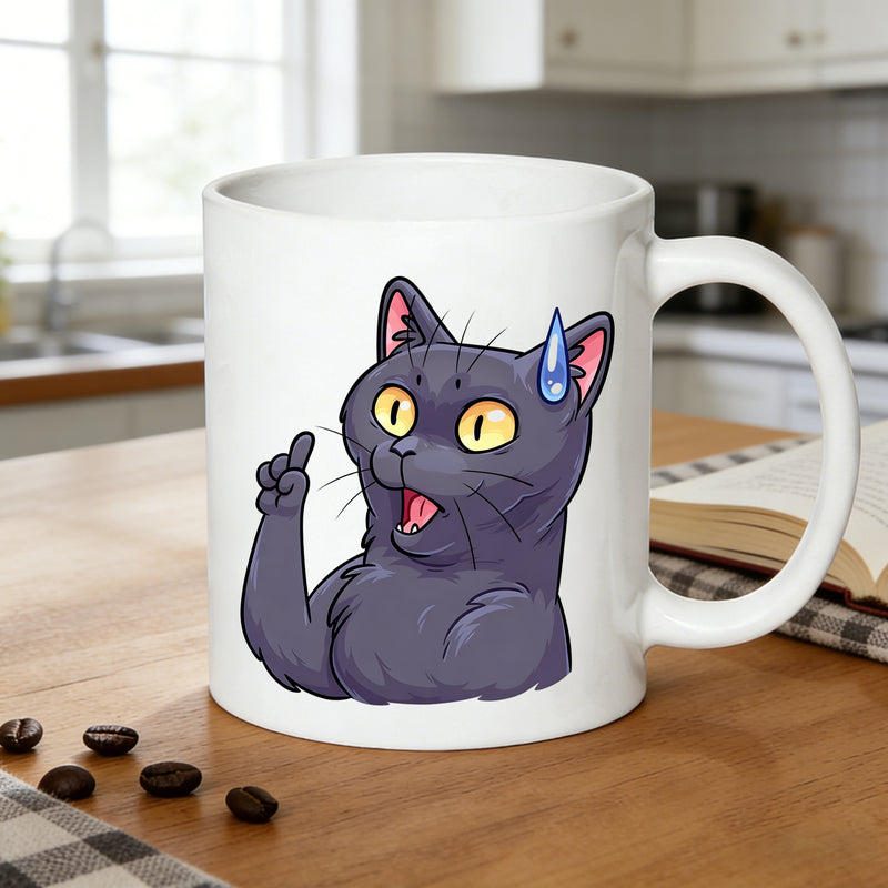 Tailorly White Ceramic 11 oz Mug - cartoon cat with a creative idea