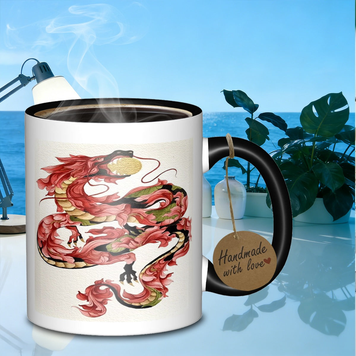 Tailorly Black Accent 11 oz Mug - floral dragon artwork