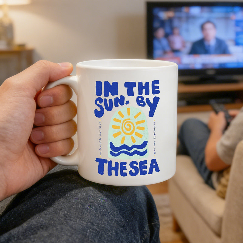 Tailorly White Ceramic 11 oz Mug - hand drawn beach illustration