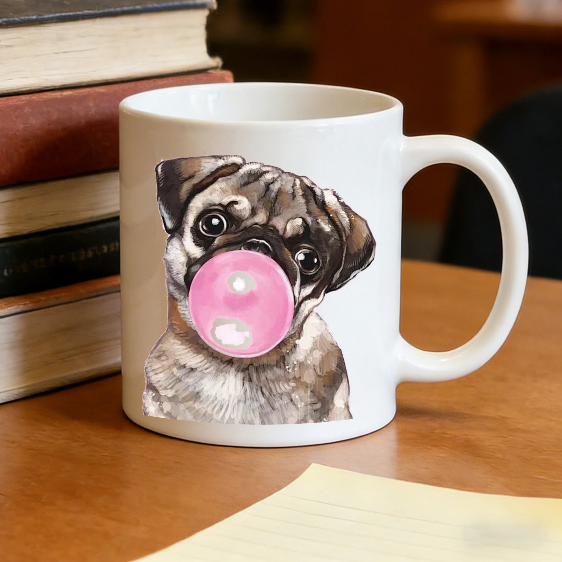 Tailorly White Ceramic 11 oz Mug - cute pug bubble gum illustration