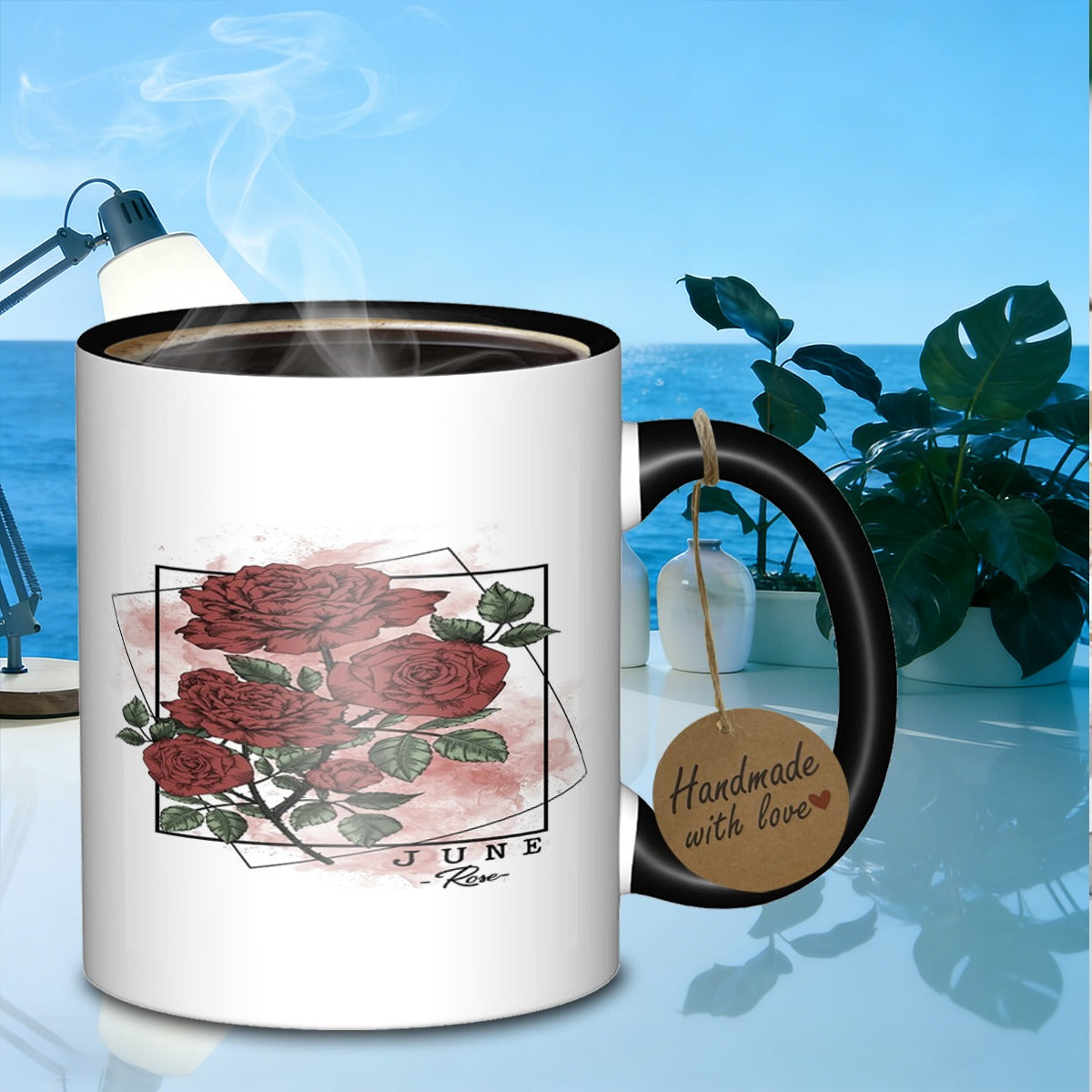 Tailorly Black Accent 11 oz Mug - red rose floral sketch