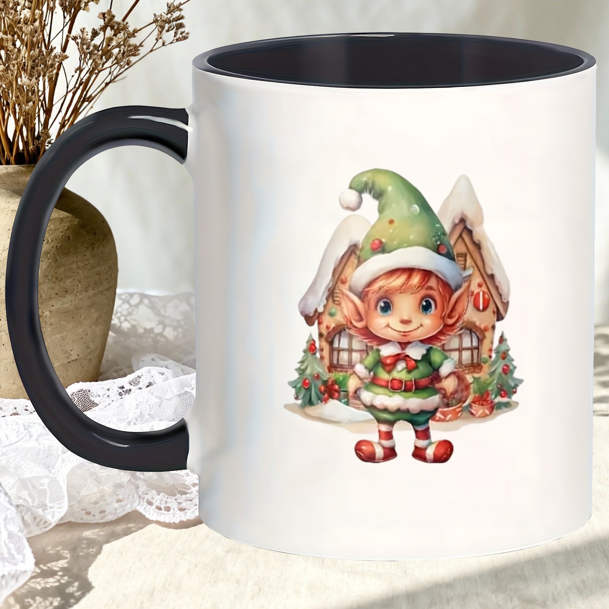 Tailorly Black Accent 11 oz Mug - festive gingerbread house