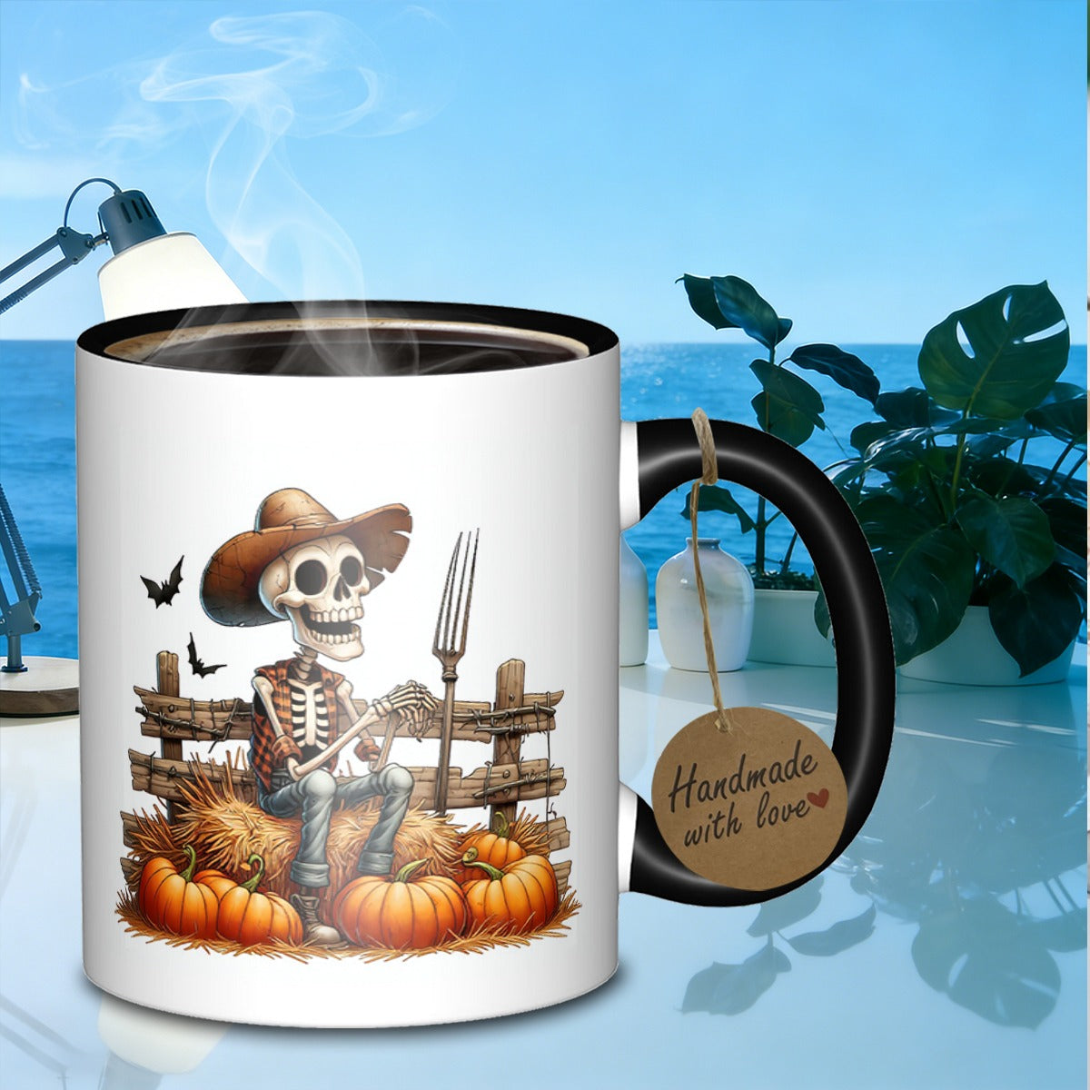 Tailorly Black Accent 11 oz Mug - autumn skeleton farmer