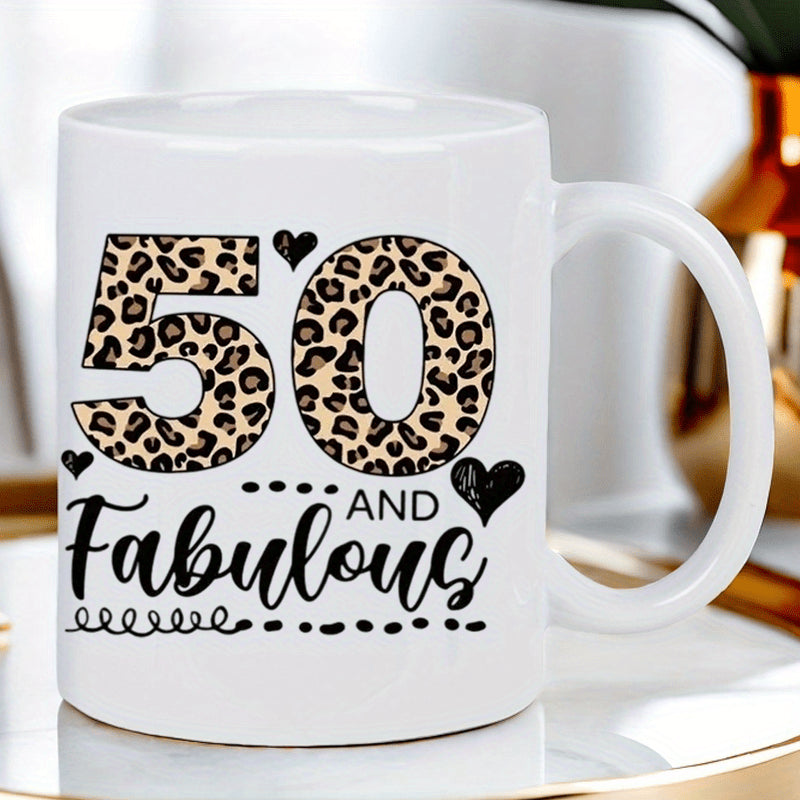 Tailorly White Ceramic 11 oz Mug - 50th birthday， leopard print， 50 years themed rim