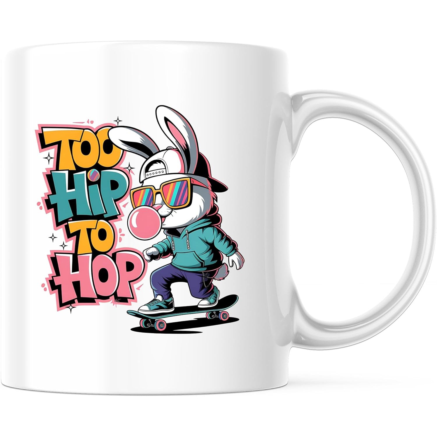 Tailorly White Ceramic 11 oz Mug - skateboard rabbit design