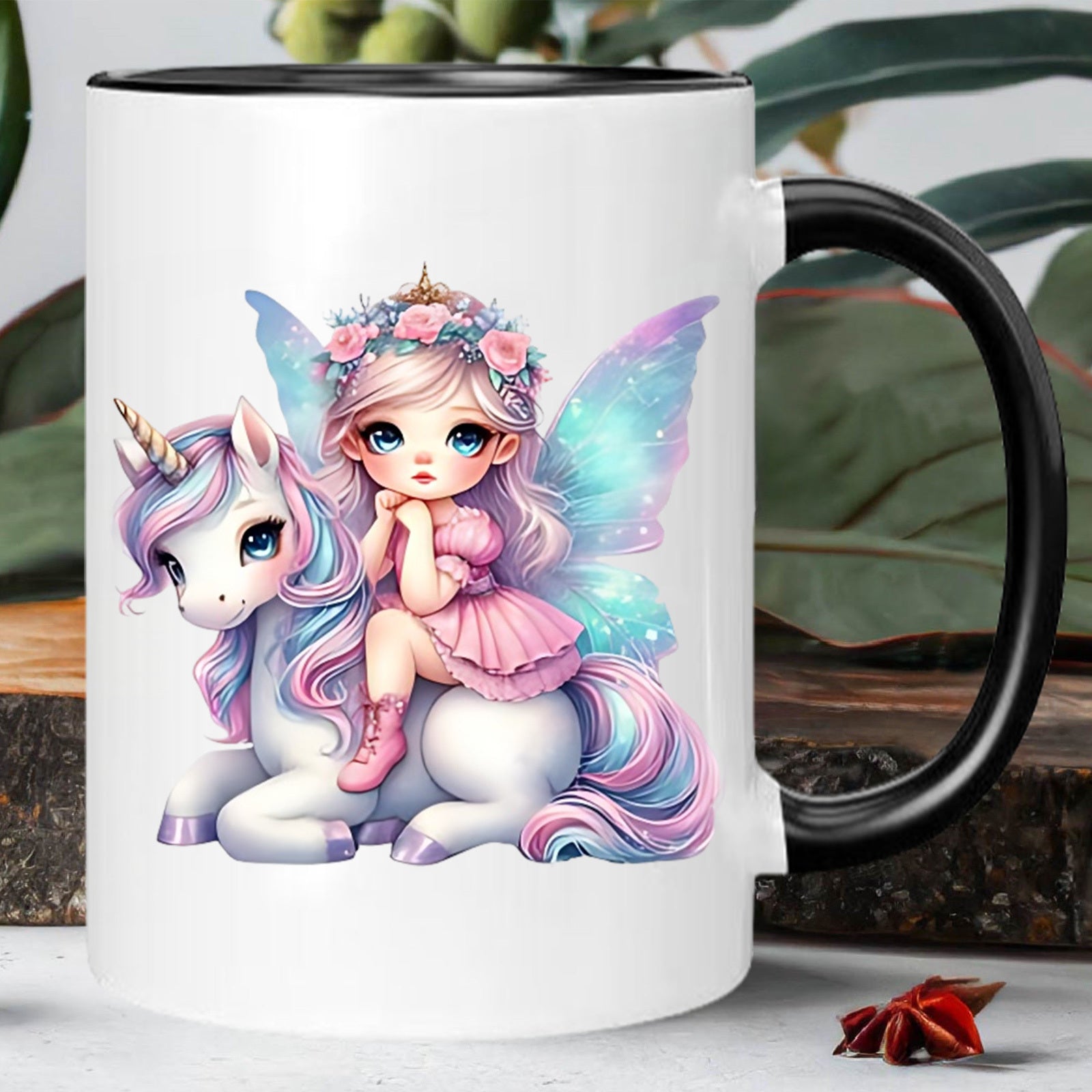 Tailorly Black Accent 11 oz Mug - unicorn and fairy design