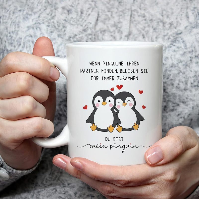Tailorly White Ceramic 11 oz Mug - humorous design with Mr. Golfs and a penguin couple