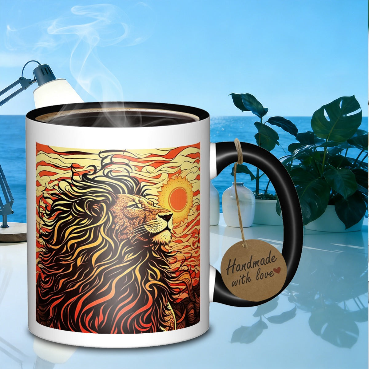 Tailorly Black Accent 11 oz Mug - lion and sun artwork