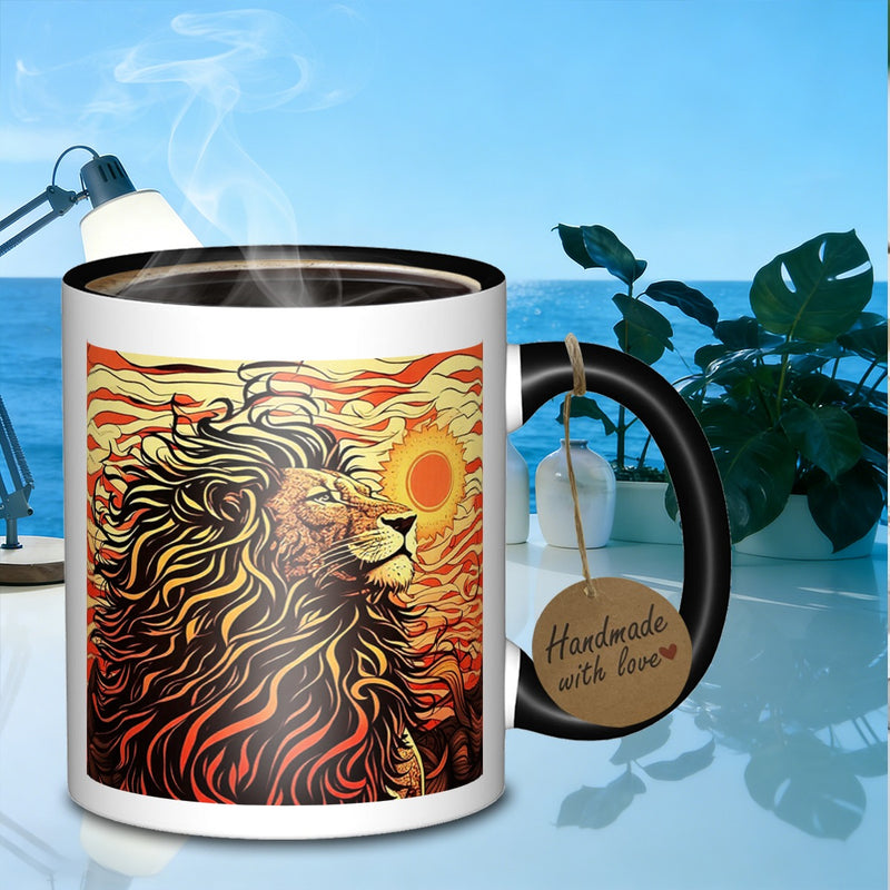 Tailorly Black Accent 11 oz Mug - lion and sun artwork