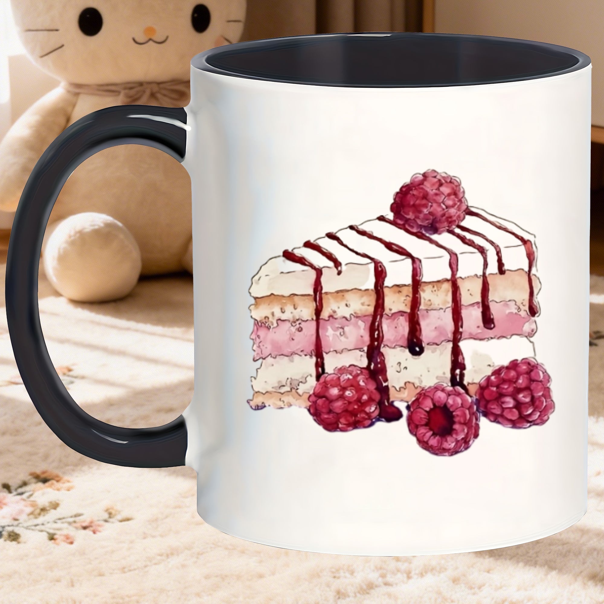 Tailorly Black Accent 11 oz Mug - raspberry watercolor cake