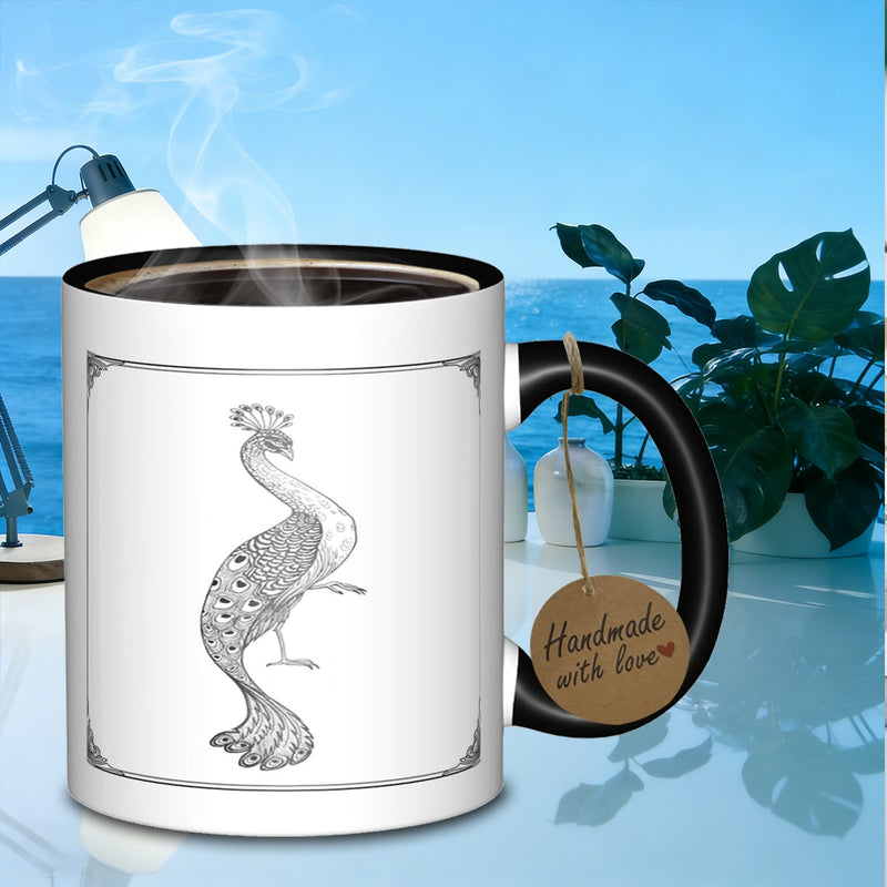 Tailorly Black Accent 11 oz Mug - peacock illustration