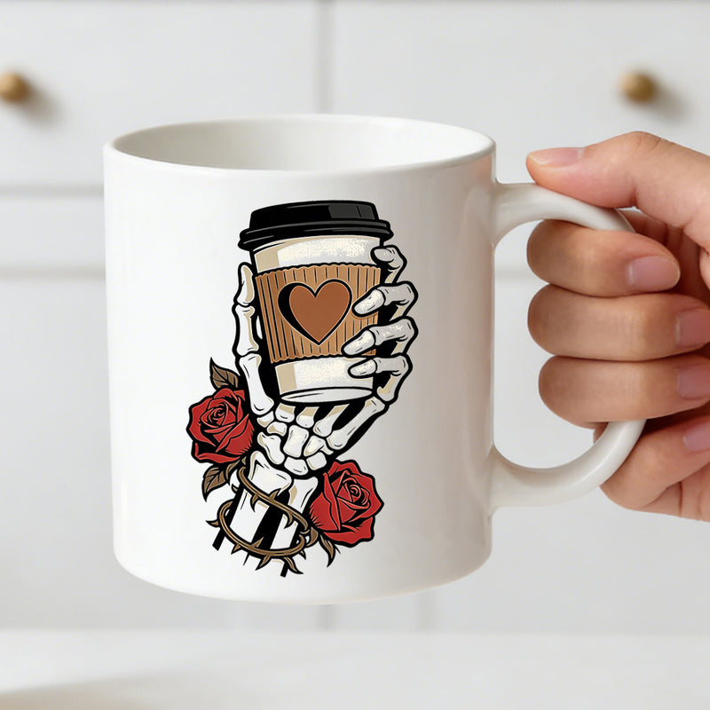 Tailorly White Ceramic 11 oz Mug - skeleton hand holding coffee cup and roses