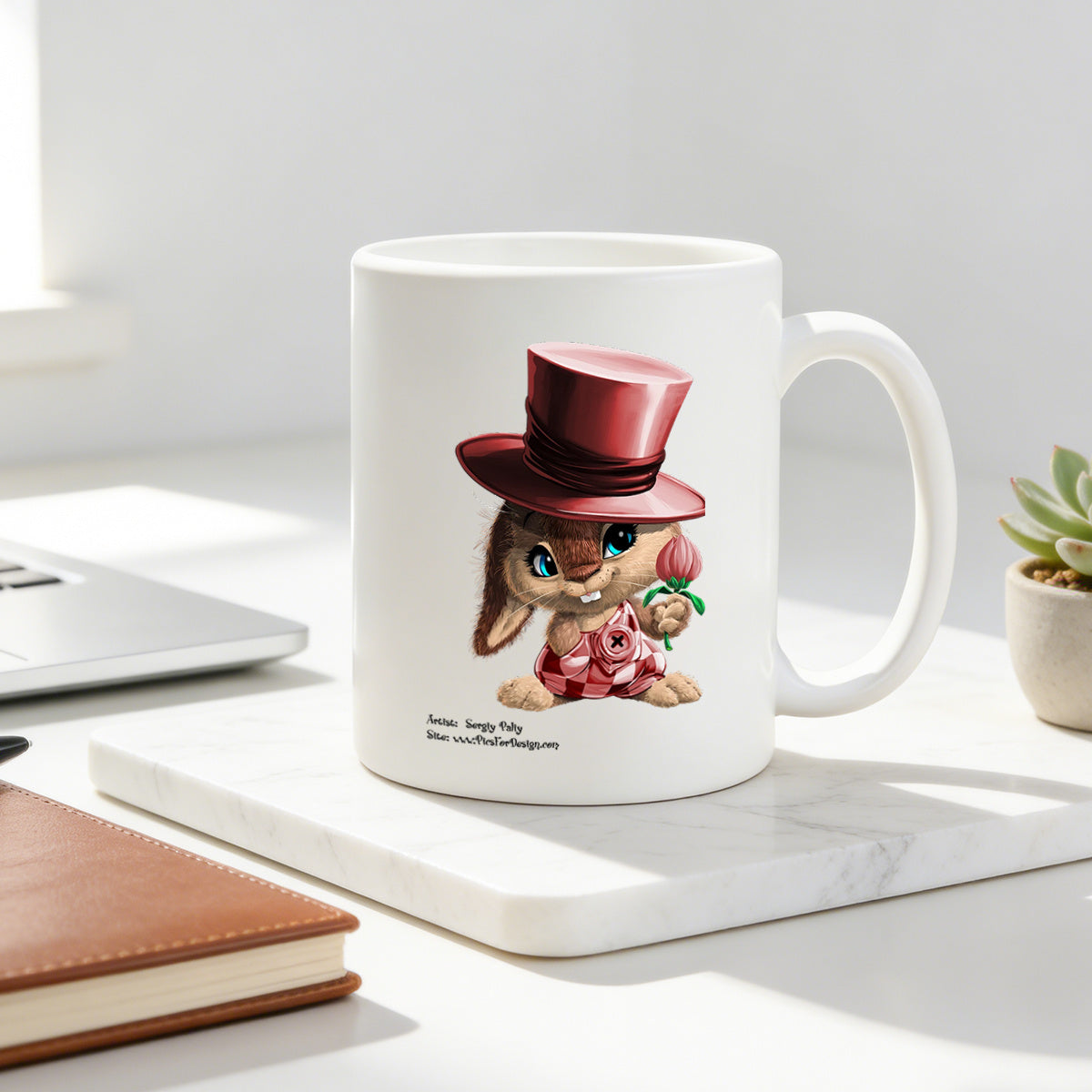 Tailorly White Ceramic 11 oz Mug - top hat bunny with rose