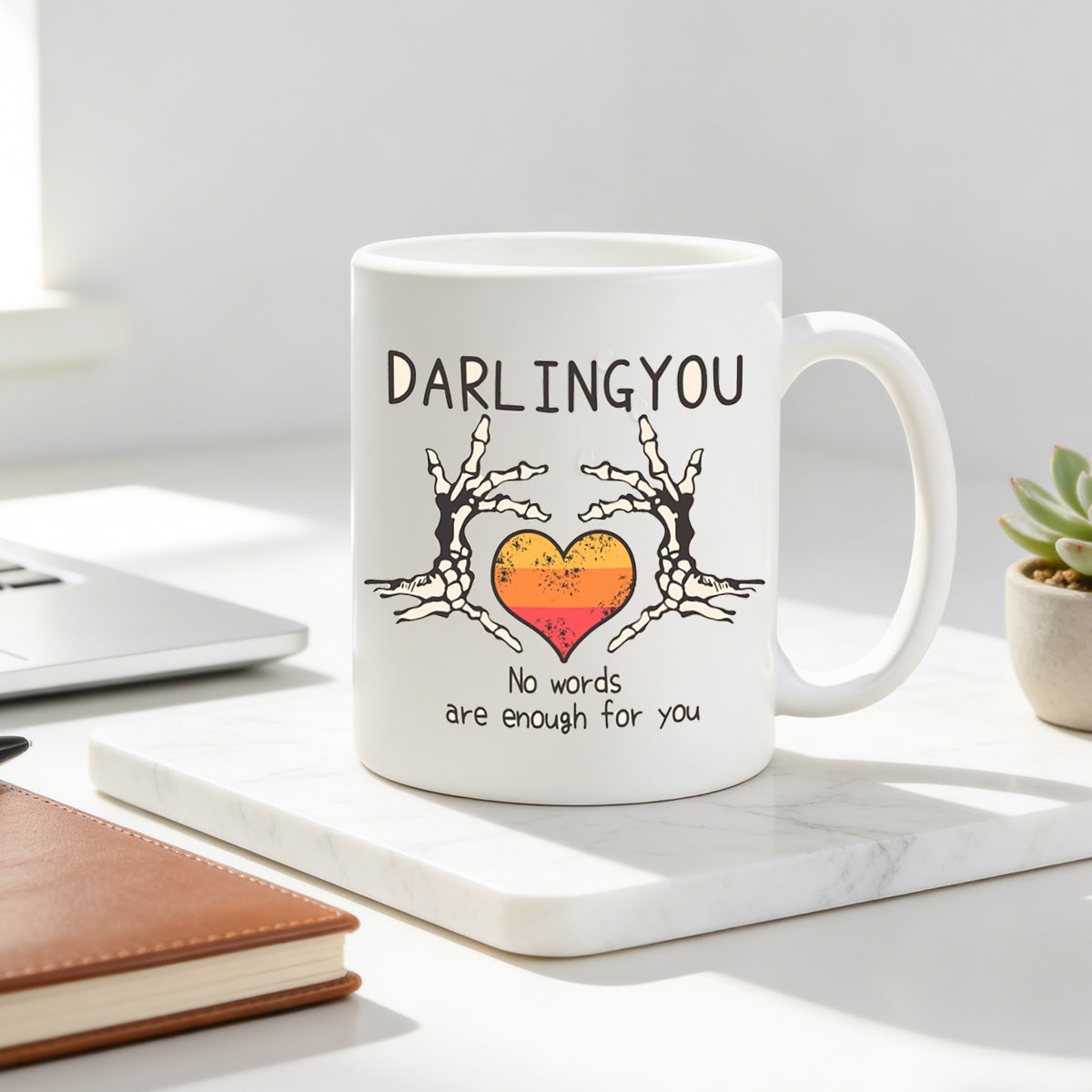 Tailorly White Ceramic 11 oz Mug - skeleton hands holding sunset