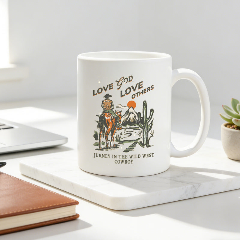 Tailorly White Ceramic 11 oz Mug - love god love wild west vintage western desert scene religious country
