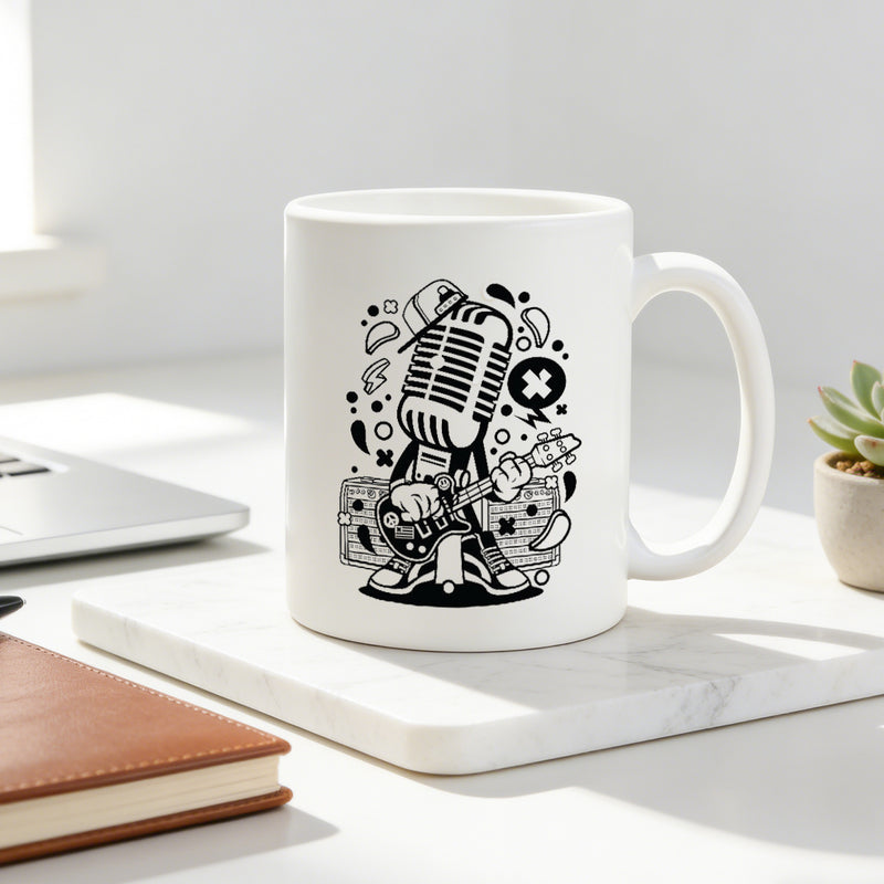 Tailorly White Ceramic 11 oz Mug - funky rocker vintage cartoon guitar amp
