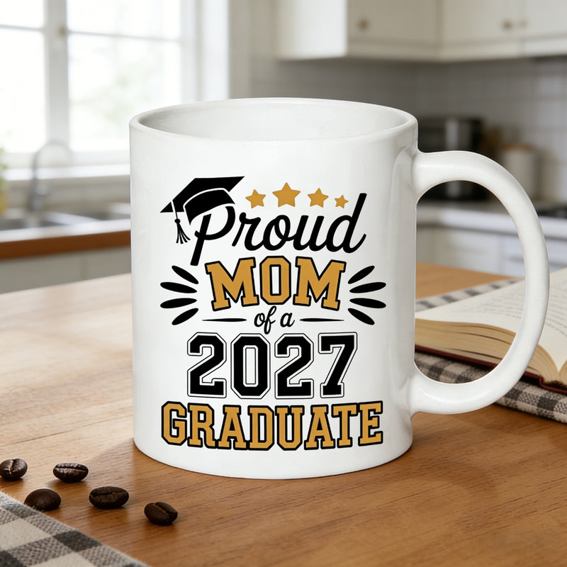 Tailorly White Ceramic 11 oz Mug - mom of a 2027 graduate with graduation cap
